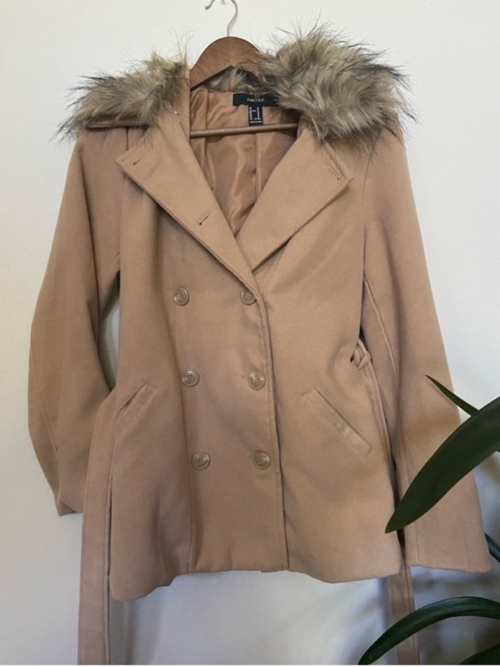 Forever 21, tan double breasted pea coat with faux fur collar